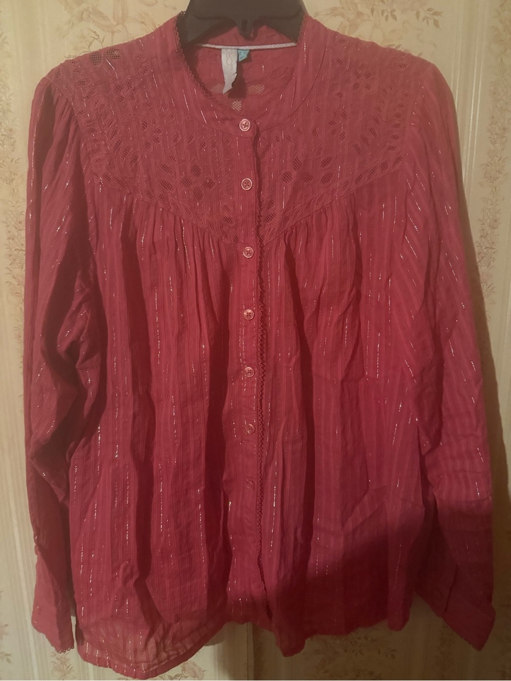 Pilcro Pink Button-Front Blouse with Lace Yoke